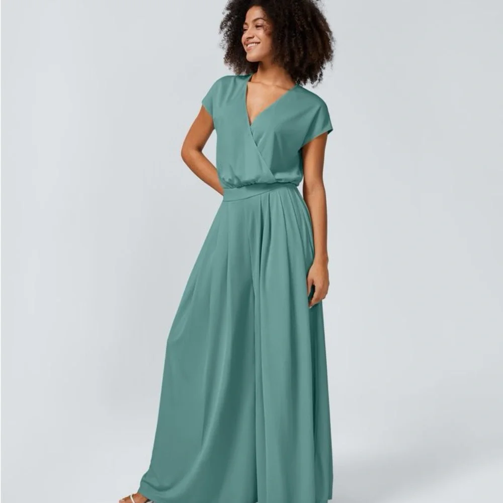 V Neck Short Sleeve Side Pocket Wide Leg Flowy Waffle Casual Jumpsuit Canton L - Picture 3 of 12